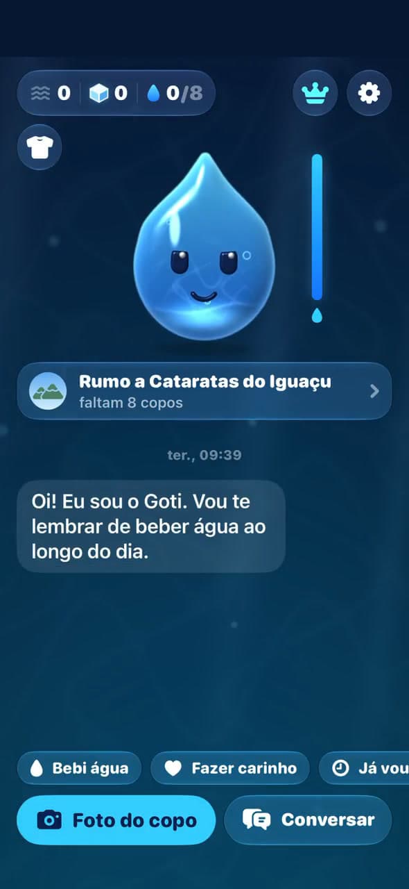 Tela inicial do Goti: o pet, a barra de água e a primeira mensagem dele